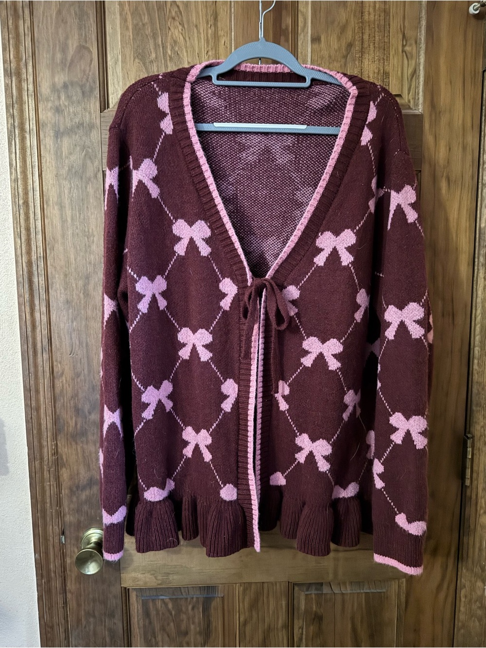 BloomChic Maroon Cardigan with Pink Bow Pattern